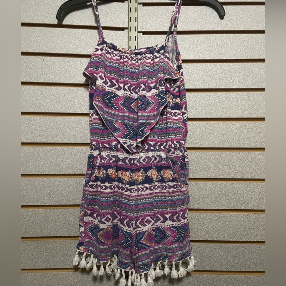 Wrangler Girls Romper Pockets 7/8 Purple Pink Aztec Leg Fringe Pockets‎